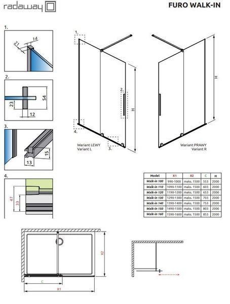 RADAWAY Душевая перегородка Furo Gold Walk-in 160 см. правая 10106838-09-01R+10110794-01-01