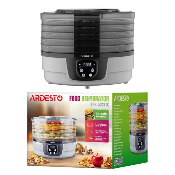 Сушарка для продуктів Ardesto FDB-532TTC, 250Вт, піддонів -5x3см, діаметр-32см, макс-70&deg;С, таймер, електр. управління, пластик , білий