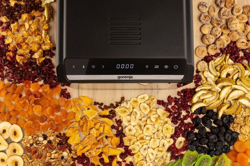 Сушарка для продуктів Gorenje 580Вт, піддонів - 6x1.5см, діаметр - 25см, макс - 75&deg;С, дисплей, пластик+метал, чорний