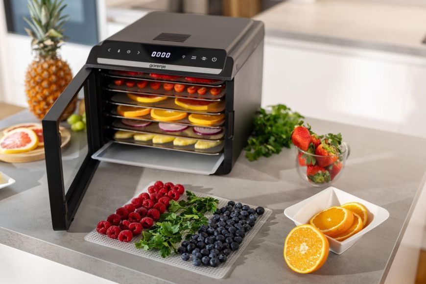 Сушарка для продуктів Gorenje 580Вт, піддонів - 6x1.5см, діаметр - 25см, макс - 75&deg;С, дисплей, пластик+метал, чорний