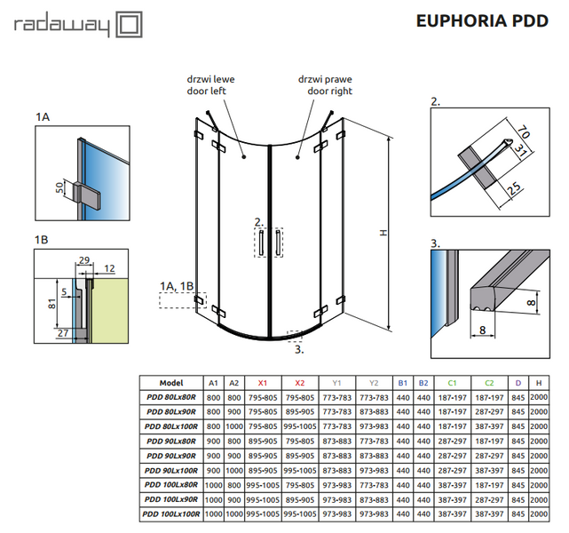 RADAWAY Душова кабіна Euphoria PDD 80Lх100R 383002-01L+383003-01R