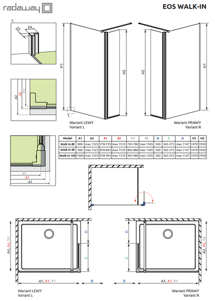 RADAWAY Душова перегородка Eos II Walk-In 90cм. 13799501-01R
