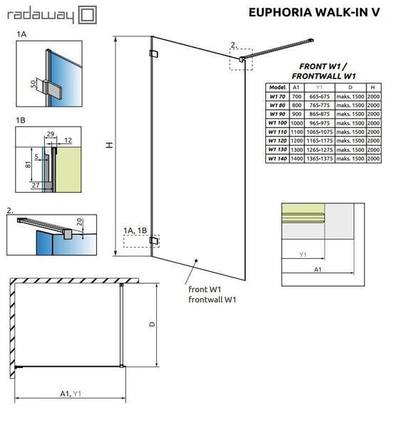 RADAWAY Душова перегородка Euphoria Walk-in V 140 см.383116-01-01