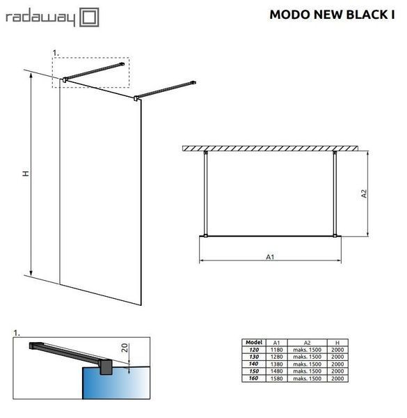 RADAWAY Душова перегородка Modo New Black I 140 см. профіль чорний 388144-54-01