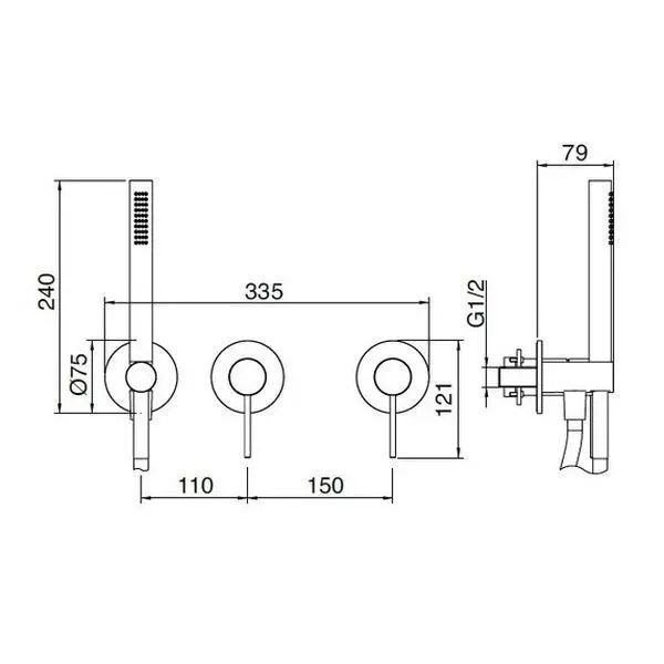 Змішувач для ванни/душу Treemme 40 mm, 3 виходи, зовнішня частина, inox (RWIT 13D9 IS 01)