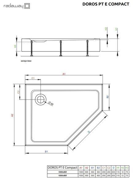 RADAWAY Душевой поддон Doros PT E Compact 100x80R Stone черный
