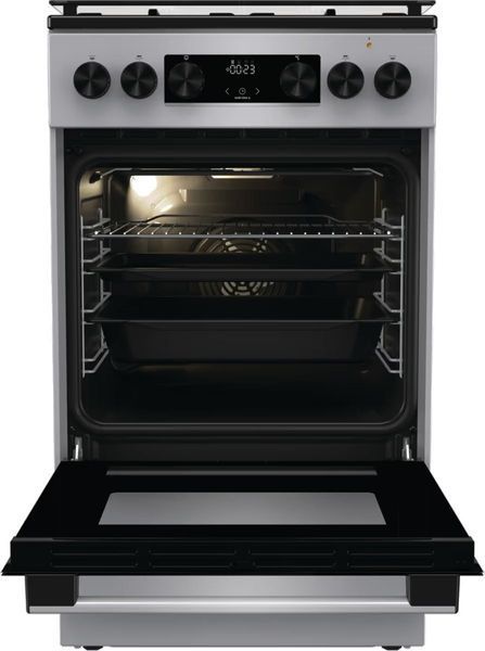 Gorenje Плита комбінована, 70л, 50x60см, дисплей, емальовані реш, програматор IconLed, кришка-скло, сріблястий