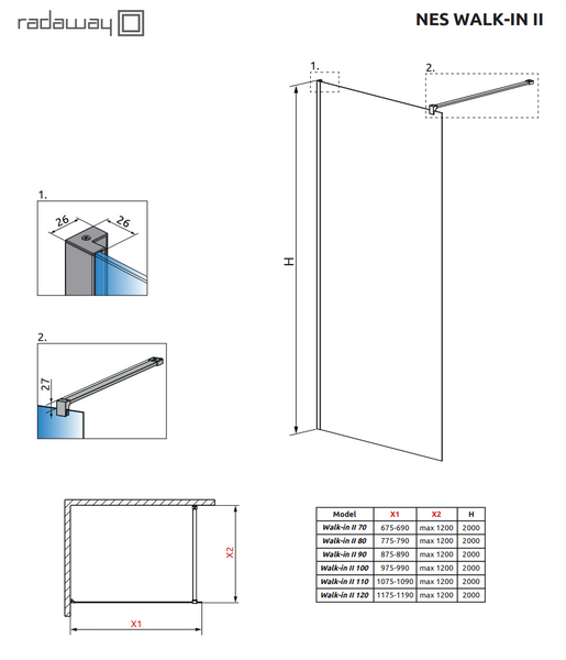 RADAWAY Душевая перегородка Nes Walk-in II 120 см. стекло прозрачное 10013120-01-01