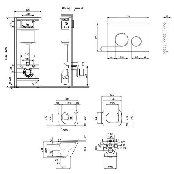 Готовое решение Qtap для ванной комнаты: подвесной унитаз Tern Rimless 490x340x350 + комплект инсталляции Nest 4 в 1 (круглая клавиша Satin)