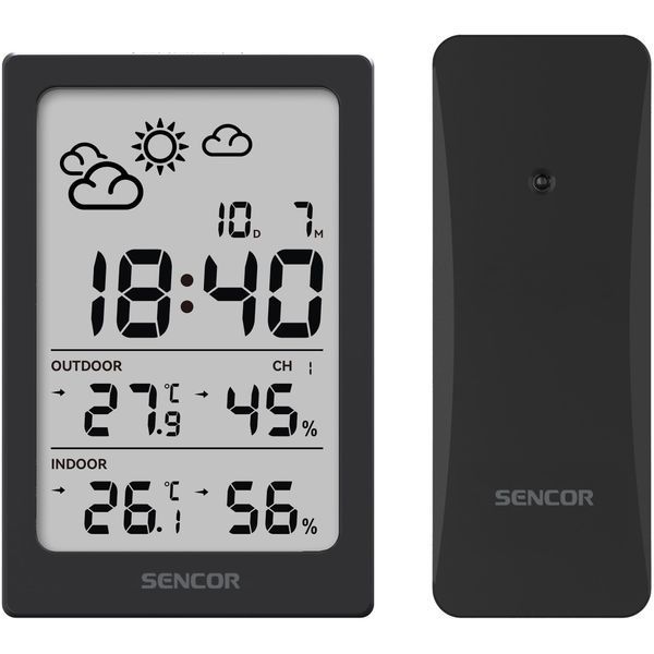 Метеостанція Sencor, внутр/зовн вимірювання, AAAx2+AAx2, темп-ра, вологість, час, чорний