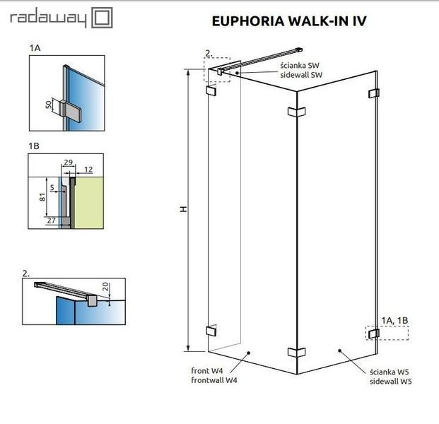 RADAWAY Душова кабіна Euphoria Walk-In IV 100x100x200 383142-01-01+383152-01-01+383160-01-01