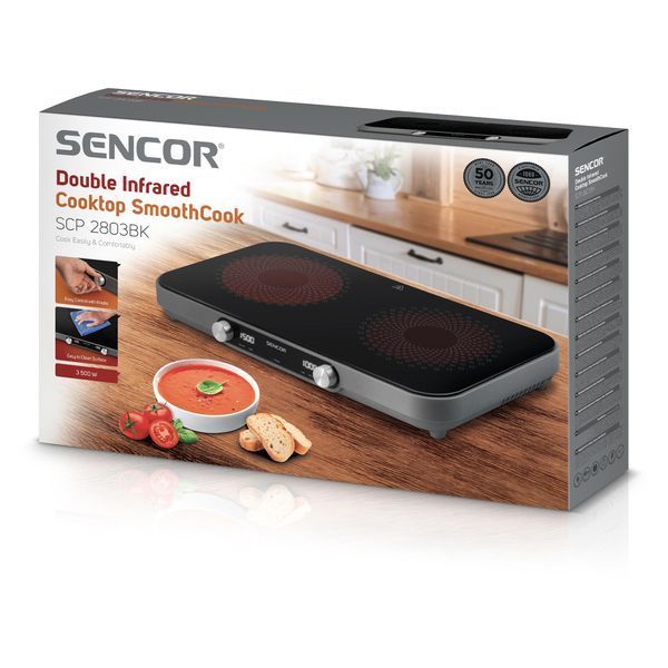 Sencor Електроплитка SmoothCook SCP2803BK, 2 конфорки, склокераміка, 2200Вт+1300Вт, чорний