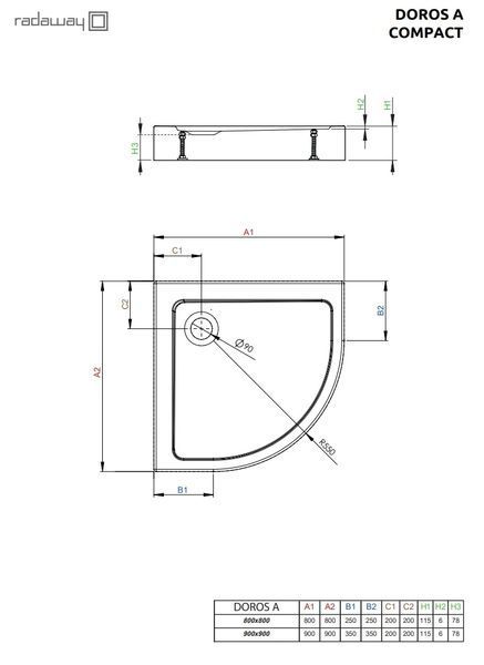 RADAWAY Душовий піддон Doros A Compact STONE Anthracite під камінь 90x90 SDRA9090-05-64S